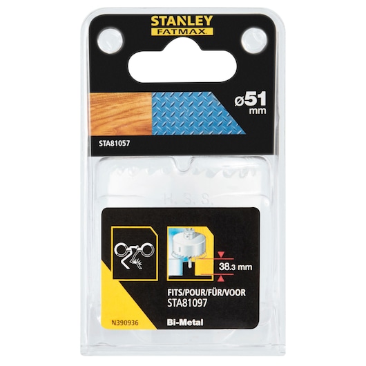 STANLEY STA81057 bi-metal hole saw in retail packaging, 51mm diameter, white background front angle.