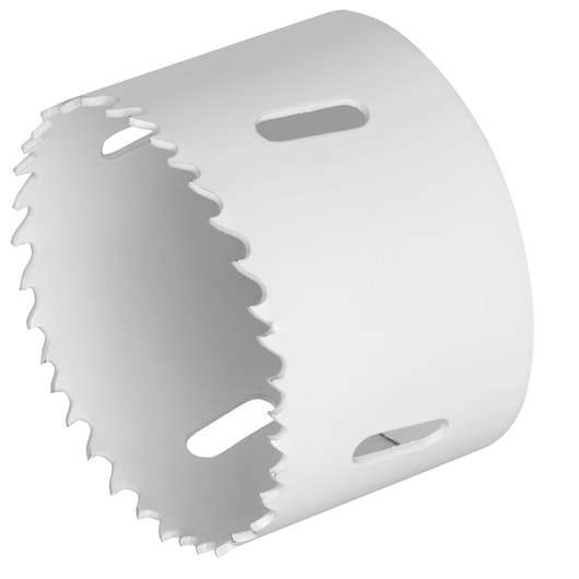 STANLEY STA81067 bi-metal holesaw angled photo, showing sharp teeth and white cylindrical body.