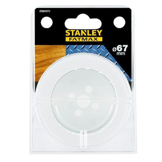STANLEY FATMAX STA81072 67mm circular saw blade in transparent plastic packaging, front angle.