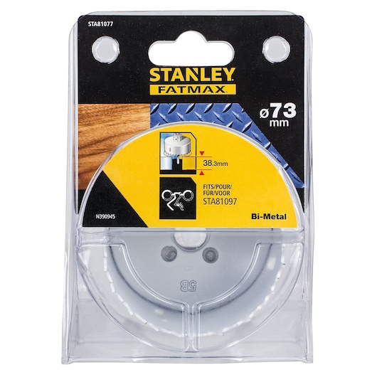 STANLEY STA81077 bi-metal hole saw, 73mm diameter, front angle packaging photo.