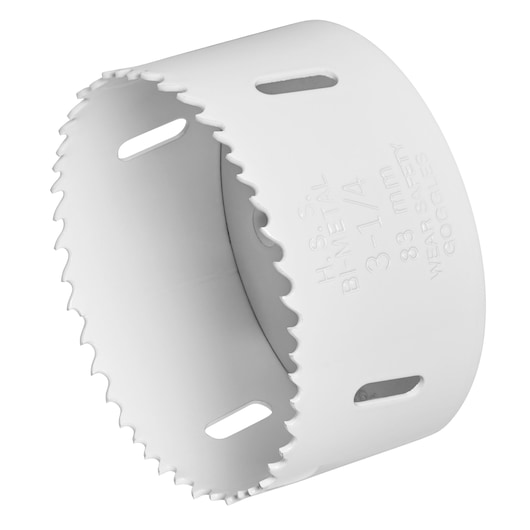 STANLEY STA81082 bi-metal hole saw, 83mm size, side angle, white finish, tool accessory photography