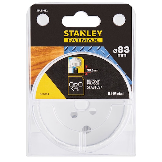 STANLEY STA81082 bi-metal hole saw, 83 mm, in retail packaging, front view.