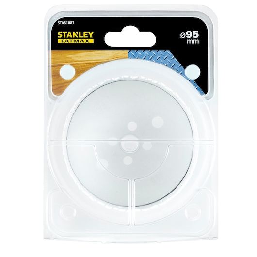 STANLEY STA81087 FatMax 95mm saw blade in clear plastic packaging, front angle, photography product.