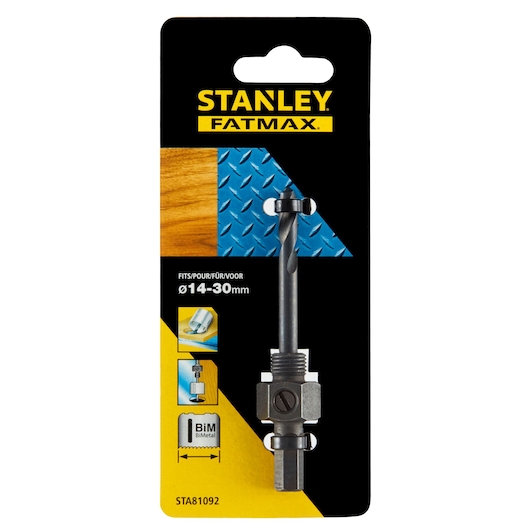 STANLEY FATMAX STA81092 hole saw arbor for 14-30mm, Bi-Metal, front view on retail packaging.