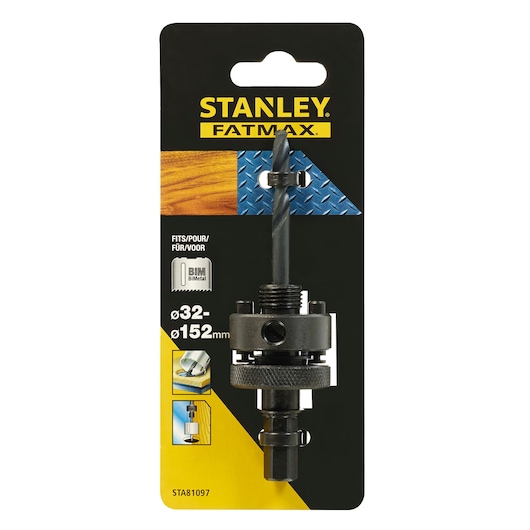 STANLEY STA81097 hole saw arbor with drill bit, black metal, front packaging photo.