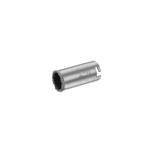 Photo of STANLEY STA81112 hole saw, silver cylindrical blade with grit edge, side angle on white background.