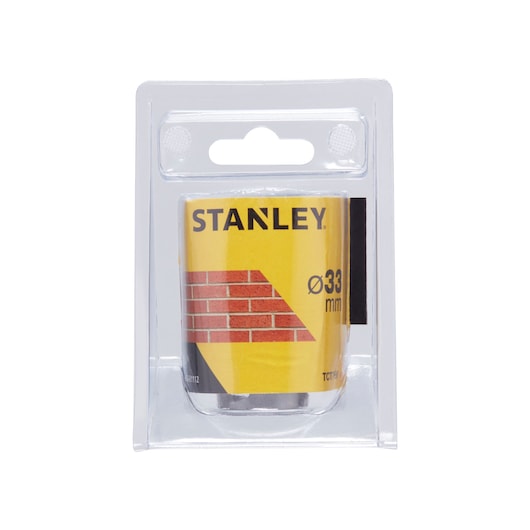 STANLEY STA81112 masonry hole saw, 33mm, yellow packaging, front angle, product photography.