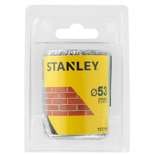 Photo of STANLEY STA81117 masonry hole saw, 53 mm diameter, yellow label, front view, in plastic packaging.