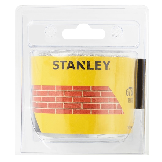 STANLEY STA81122 hole saw in clear packaging, yellow label with red brick pattern, front angle.