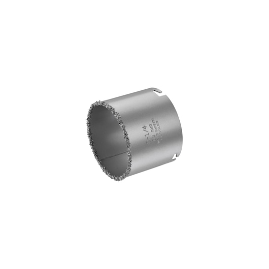Photo of STANLEY STA81127 silver hole saw with carbide grit edge, angled on white background.