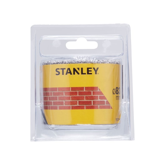 STANLEY STA81127 wire brush in retail packaging, front angle, yellow label with brick pattern, cleaning accessory.