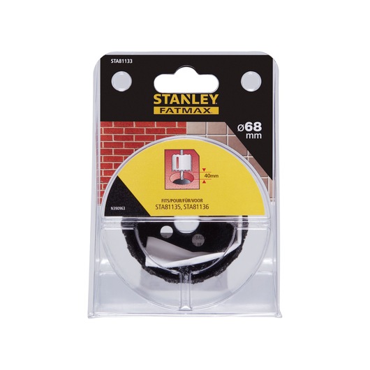 STANLEY STA81133 hole saw 68mm, packaging front angle, FATMAX series, masonry illustrated on label.