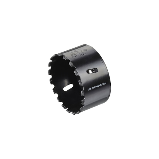 STANLEY STA81134 hole saw with carbide teeth, black, side angle, photography on white background.