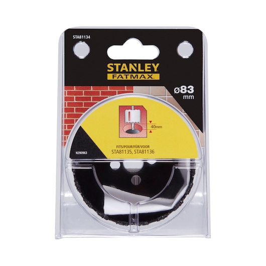 STANLEY STA81134 photography of Fatmax 83mm hole saw in retail packaging, front angle, product details visible.