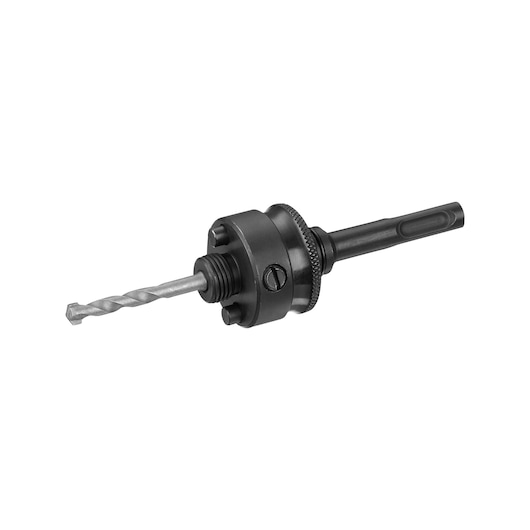 Photo of STANLEY STA81136 hole saw arbor with drill bit, black finish, product side angle on white background.
