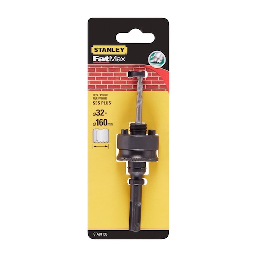 STANLEY STA81136 SDS Plus arbor for hole saws, black metal, shown in packaging, front angle.