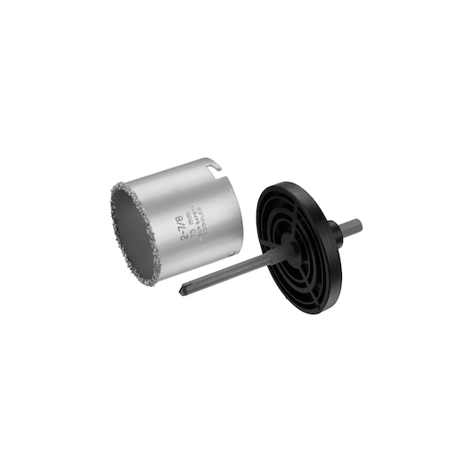 STANLEY STA81152 hole saw kit with grit edge and arbor, white background side angle.