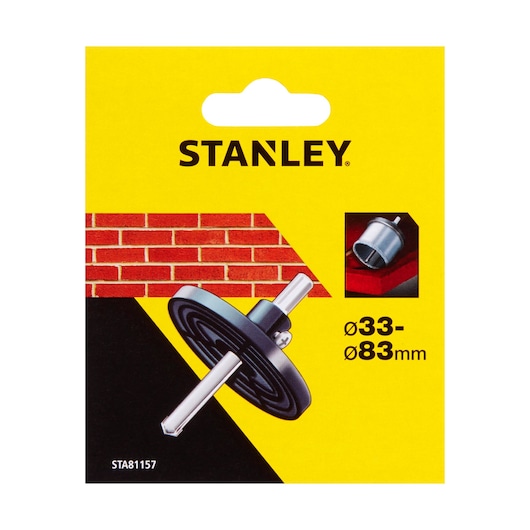 Stanley STA81157 hole saw arbor, front packaging photography with yellow and black design, brick graphic.