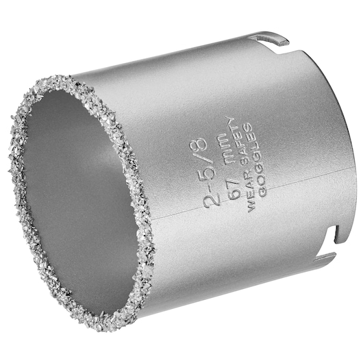 STANLEY STA81162 silver hole saw with abrasive edge, close-up side angle on white background.