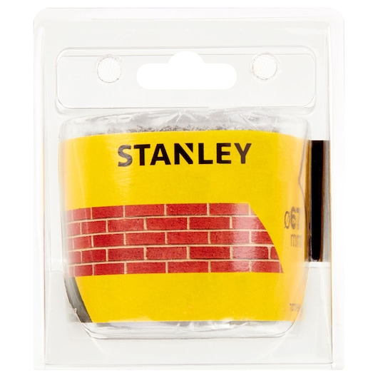 STANLEY STA81162 masking tape roll in yellow packaging with red brick pattern, front angle, photography.