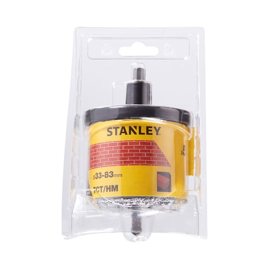 STANLEY STA81167 masonry hole saw in yellow packaging, front angle photo on white background.