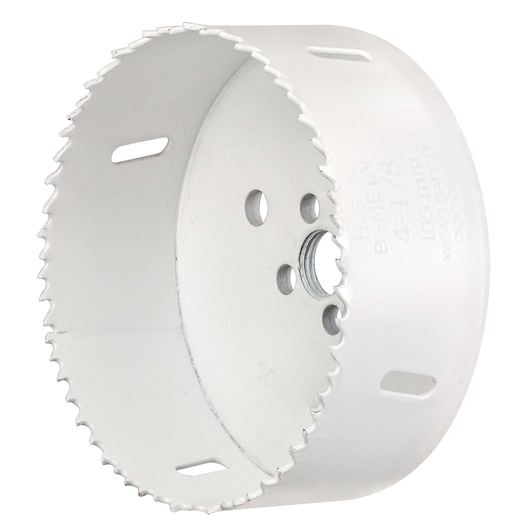 STANLEY STA81177 bi-metal hole saw, white, side angle showing sharp teeth and vent slots, power tool accessory.