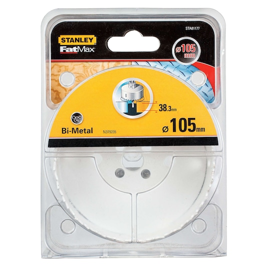 STANLEY STA81177 bi-metal hole saw, 105mm diameter, FatMax series, front packaging photo on white background.