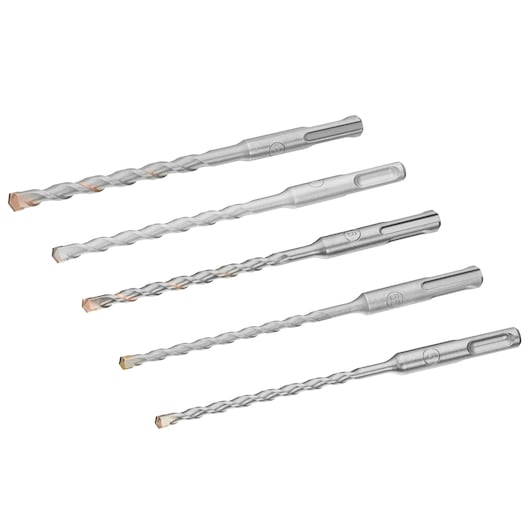 STANLEY STA85050 silver SDS hammer drill bit set, five pieces, side angle, white background.