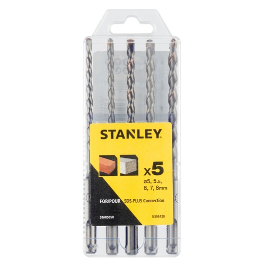 STANLEY STA85050 set of 5 SDS-PLUS masonry drill bits in clear plastic case, front view.