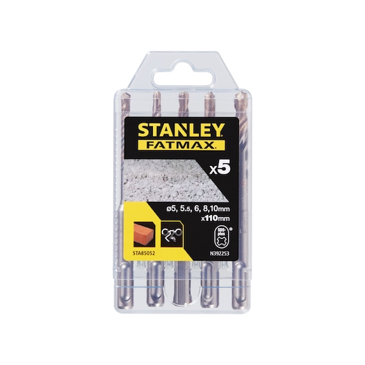 STANLEY FATMAX STA85052 masonry drill bit set, 5 pieces in clear plastic case, front view, SDS-plus, 110mm.