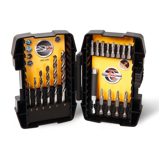 Stanley drill and bit set in a black case with yellow interior, various bits and drill sizes visible.