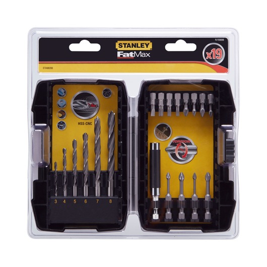 STANLEY STA88200 drill and screwdriver bit set, 19-piece, FatMax, front angle, in clear plastic case.