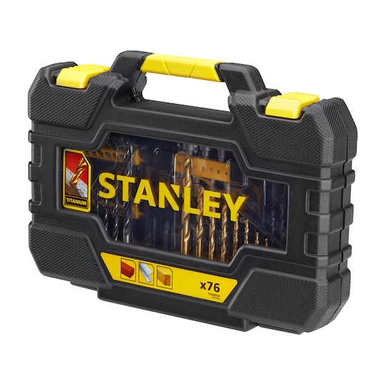 Photo of STANLEY STA88544 drill bit set case, black with yellow accents, clear window showing 76 titanium bits.