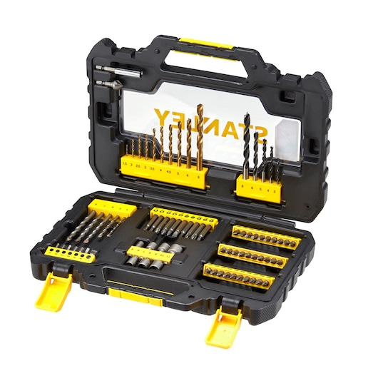STANLEY STA88544 drill and bit set in black and yellow hard case, photo showing open top angle.