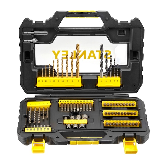 STANLEY STA88544 drill and screwdriver bit set in black and yellow hard case, photo taken from above showing organized contents.