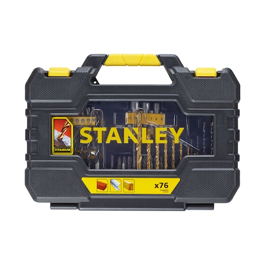 STANLEY STA88544 titanium drill bit and accessory set in black and yellow case, front angle.