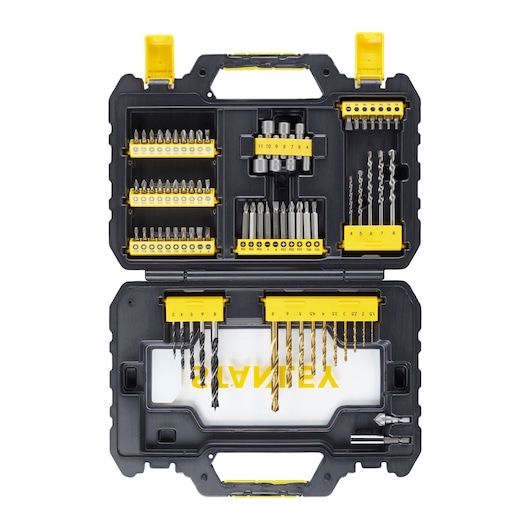 STANLEY STA88544 drill and screwdriver bit set in black and yellow hard case, top view.