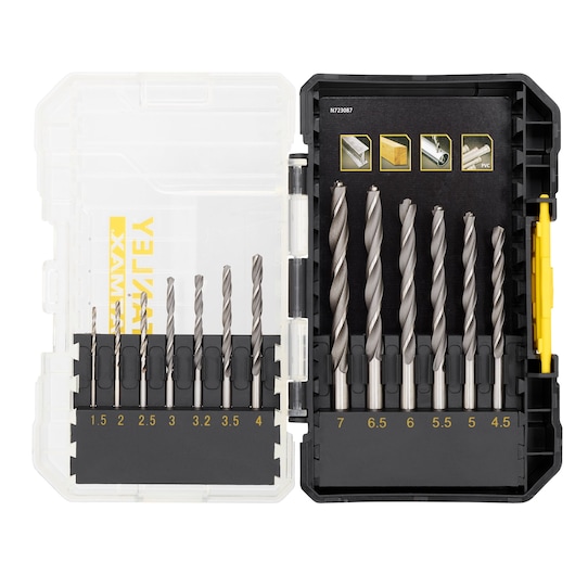 STANLEY STA88553 drill bit set with 14 metal bits in black plastic case, shown from top with open lid.