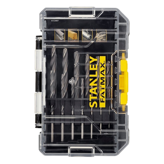 STANLEY STA88553 drill bit set in clear plastic case, top view, yellow FATMAX branding visible.