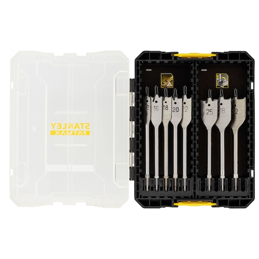 STANLEY STA88556 spade bit set with seven metal bits in black and clear plastic case, top view.