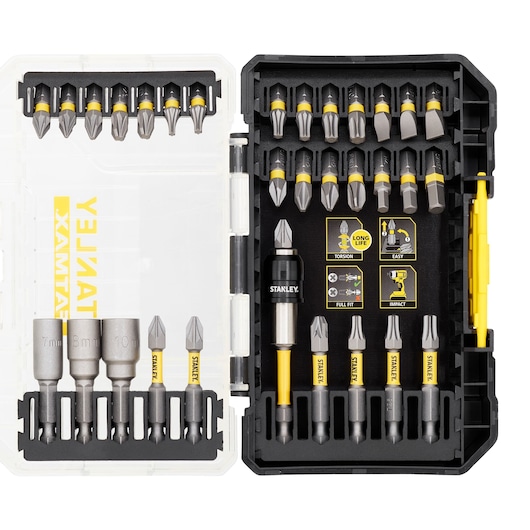 STANLEY STA88557 screwdriver bit set in black and yellow case with 32 bits and sockets, photo taken from above.