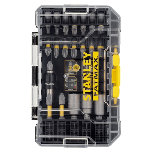 STANLEY STA88557 bit set in clear case, top view. Includes assorted bits and holders, FATMAX branding.