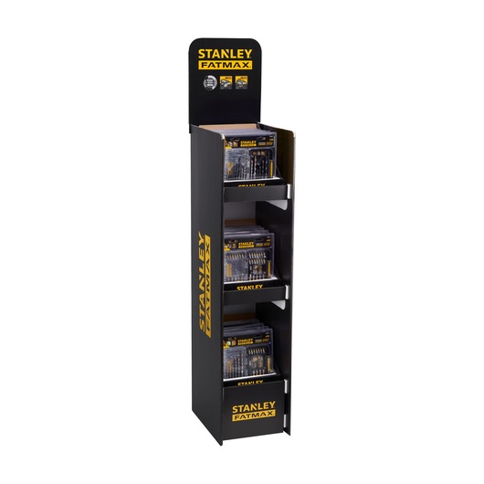 STANLEY STA88557 display stand with FATMAX tool sets, black and yellow, front angle on white background.