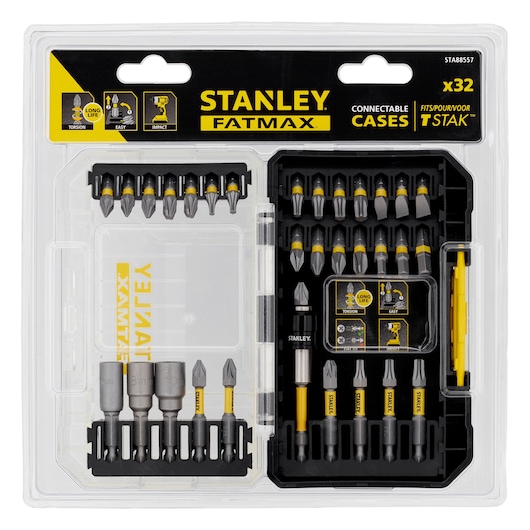 STANLEY STA88557 screwdriver bit set FATMAX, 32 pcs, case, front angle, black and yellow bits.