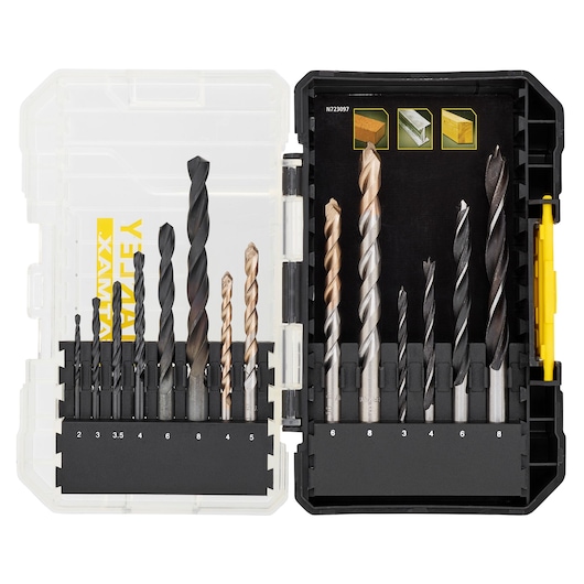 STANLEY STA88561 drill bit set in plastic case, assorted sizes and types, shown from above on white background.