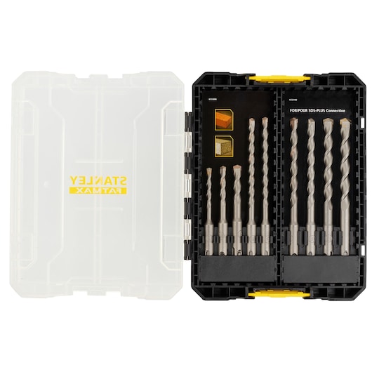 STANLEY STA88562 drill bit set with seven SDS-Plus masonry bits in a transparent and black case, top view.