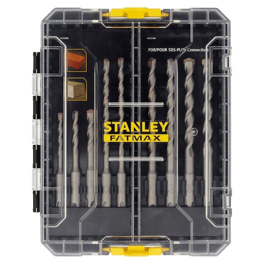 Stanley Fatmax SDS-Plus drill bit set in clear plastic case, assorted sizes, suitable for masonry and concrete.