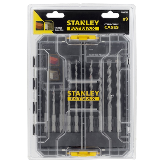 STANLEY STA88562 drill bit set in clear connectable case, front angle, FATMAX branding visible.