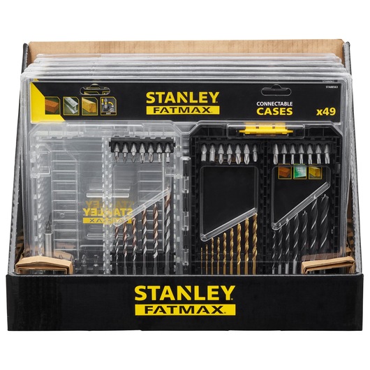 Stanley STA88563 drill and bit set in Fatmax connectable cases, front angle with clear plastic packaging.