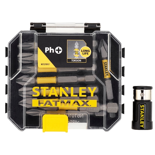 STANLEY STA88564 screwdriver bit set FATMAX in clear plastic case with yellow latch, photographed from the front.